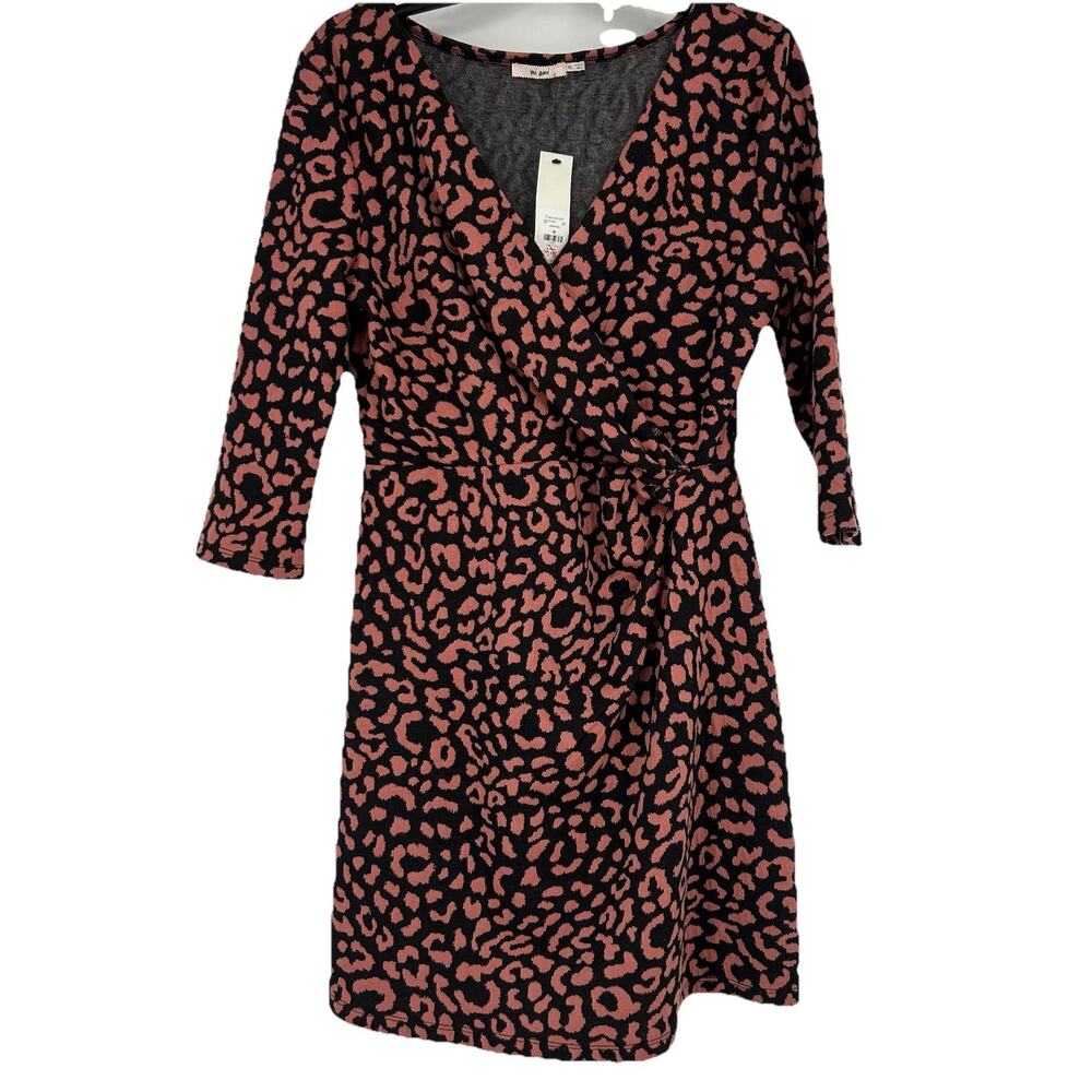 NEW Francescas Mi Ami Leopard Print Knit Faux Wrap Dress Pink 3/4 Sleeve Size M